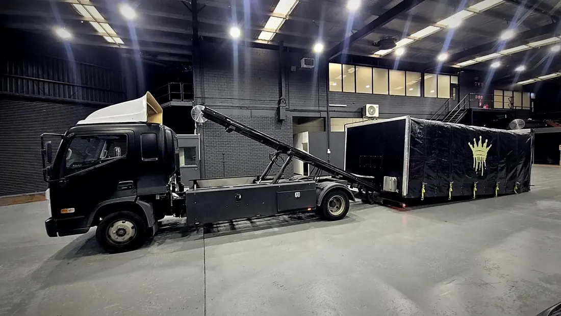 Haul King's enclosed transporter and crown-liveried body, workshop